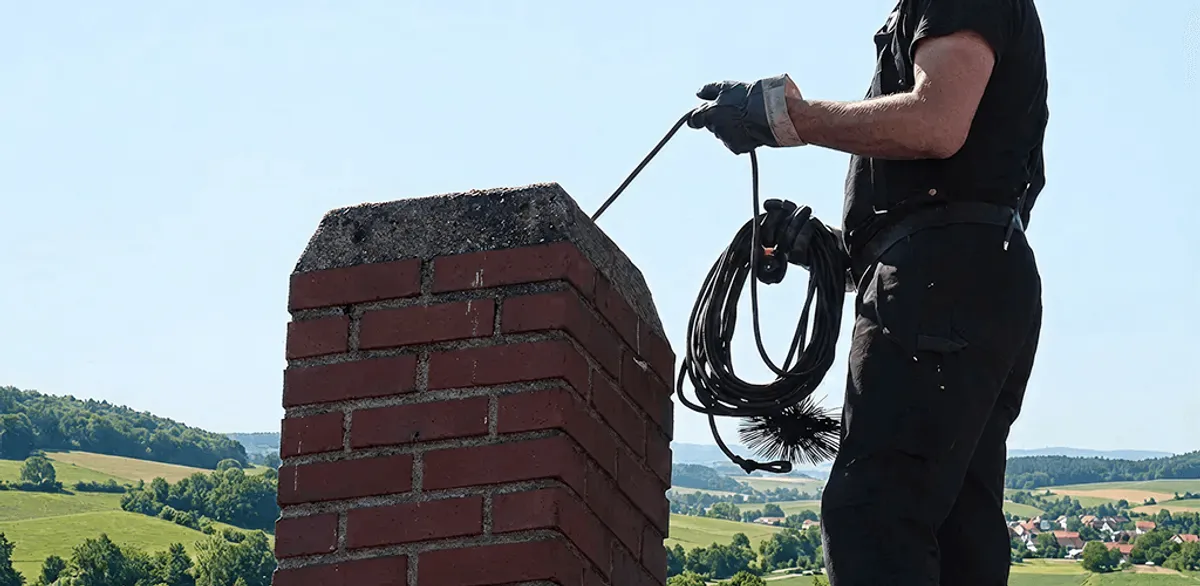 Chimney sweep inspecting and cleaning a rooftop chimney in Newark, NJ