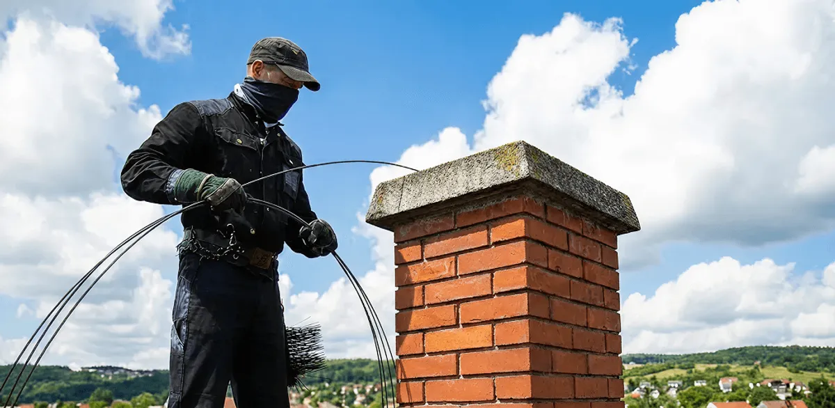 Chimney sweep cleaning a brick chimney with professional tools in Newark, NJ
