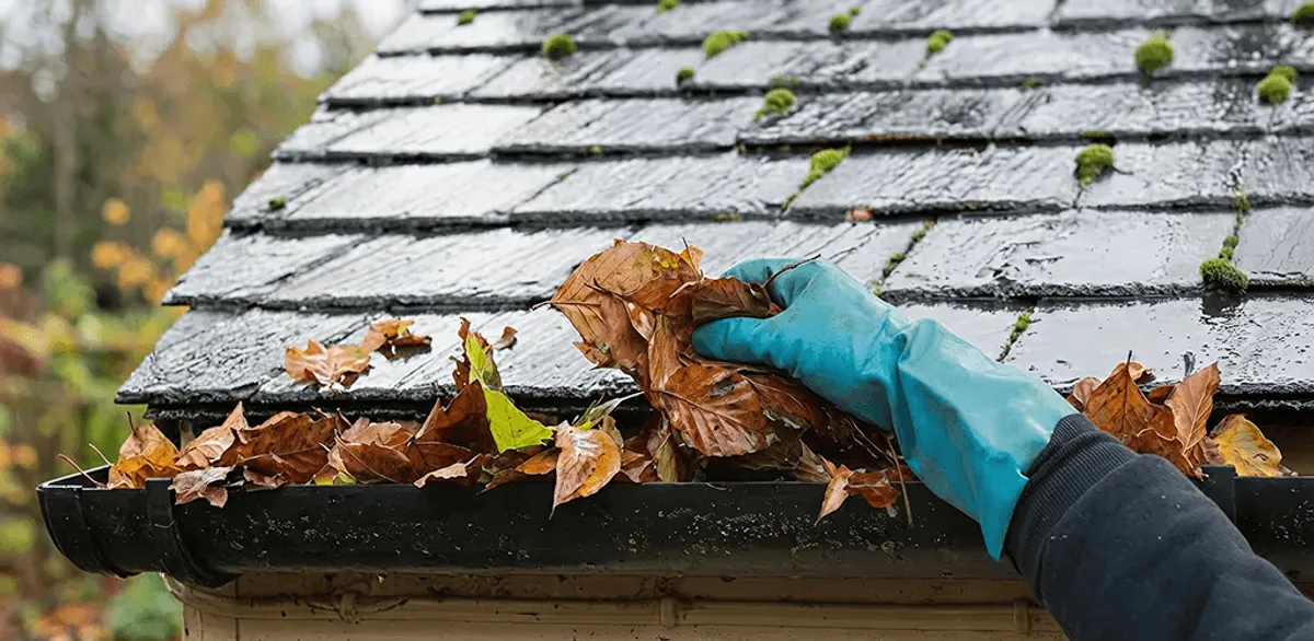 Gutter cleaning technician clearing wet leaves from roof gutters in Newark, NJ